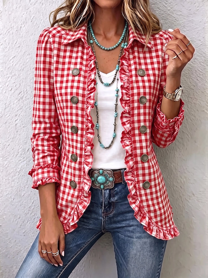 Evelyn | Gingham Ruffled Button-Down Jacket