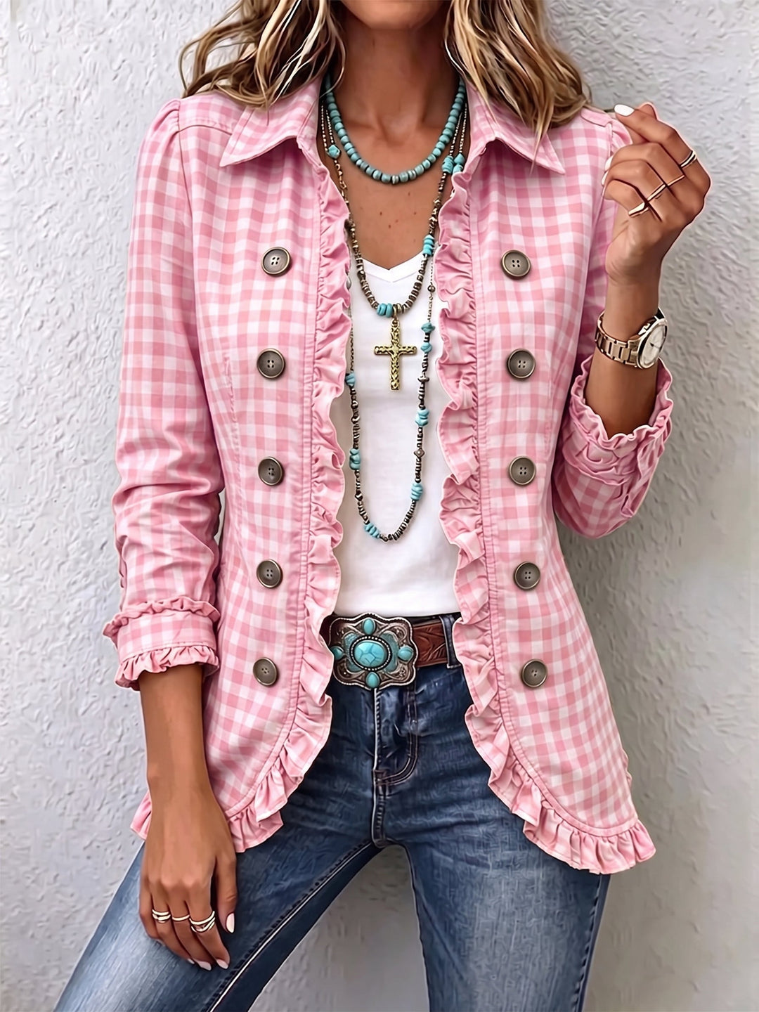 Evelyn | Gingham Ruffled Button-Down Jacket