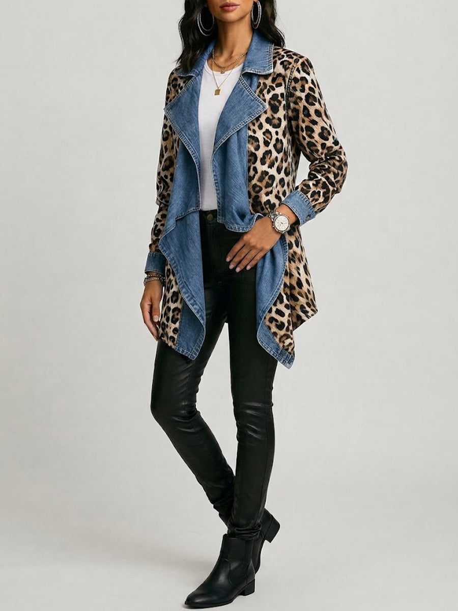Victoria | Leopard Print & Washed Denim Paneled Mid-Length Jacket