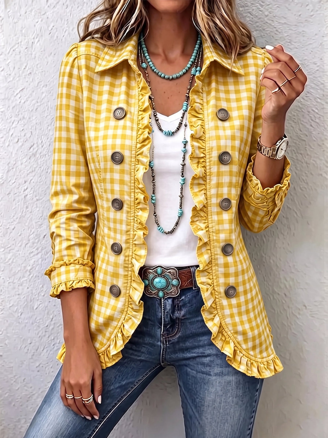 Evelyn | Gingham Ruffled Button-Down Jacket