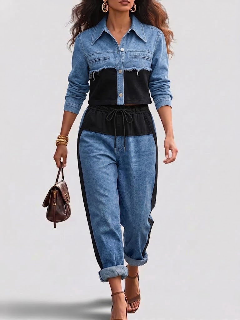 Natalie | Color-Block Cropped Jacket & Wide-Leg Pants Set