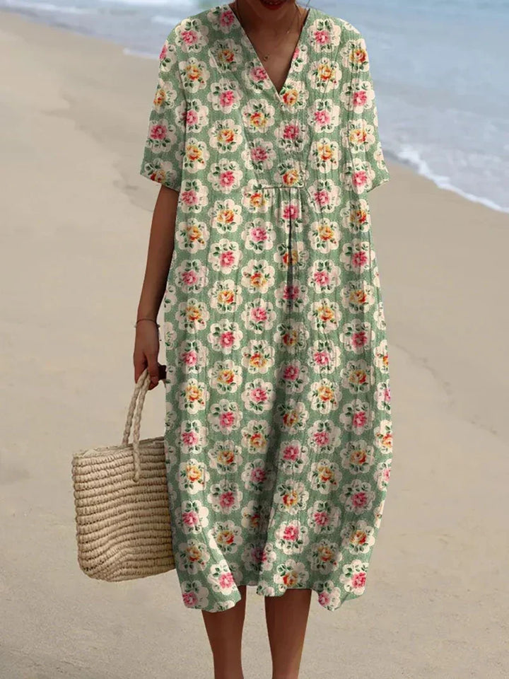 Sophie - Retro Floral Dress in Aqua Green